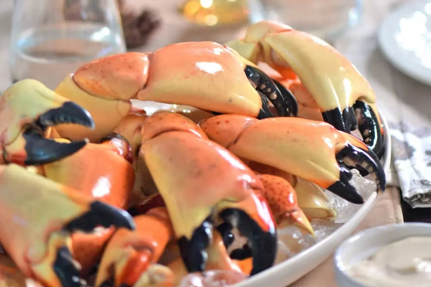 Stone crab claws served on a bowl of ice with sauce and glasses of water