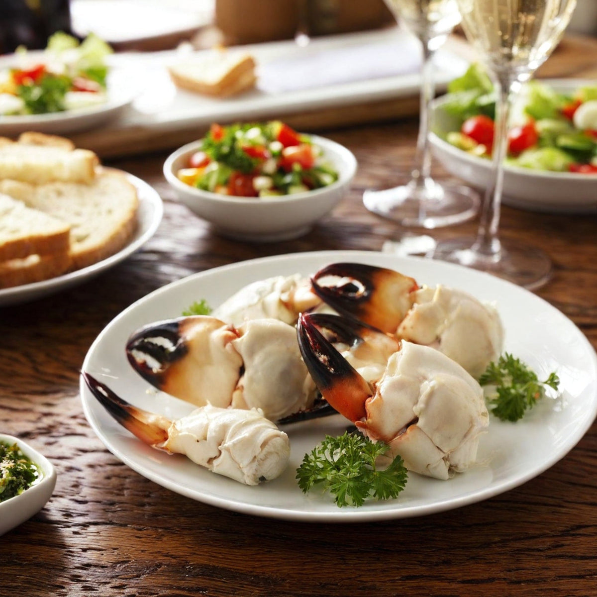 Stone crab claws arranged on a white plate with fresh parsley on a wood table with bread, salad, and glass flutes