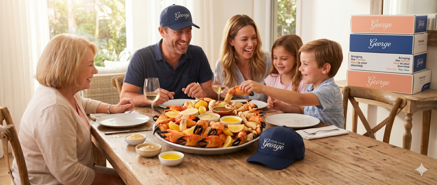 Family gathered around a dining table with a large platter of food, including pizza, in a bright, well-lit room.