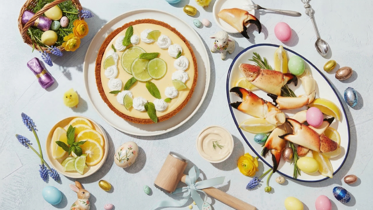 Assorted Easter-themed dishes including a cheesecake, crab legs, and pastel-colored eggs on a light blue background.