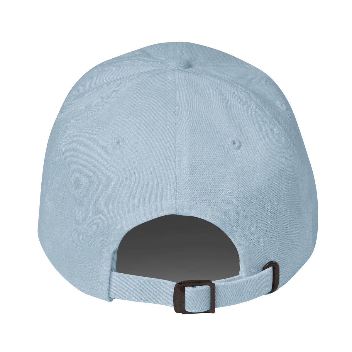 Back view of a light blue baseball cap with an adjustable strap and dark plastic buckle, isolated on a white background.