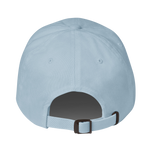 Back view of a light blue baseball cap with an adjustable strap and dark plastic buckle, isolated on a white background.