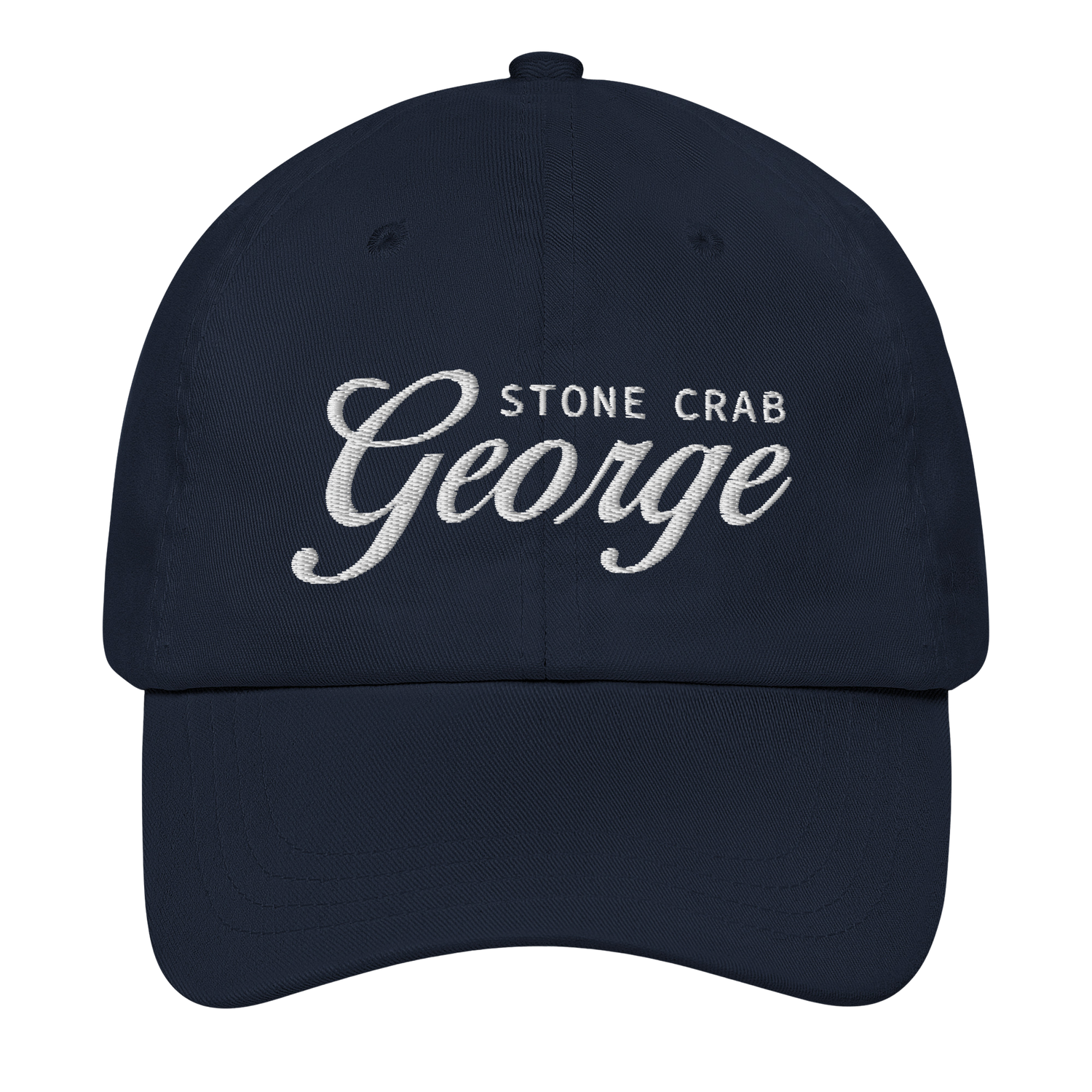 A navy blue baseball cap with white embroidered text reading 'STONE CRAB George' on the front, shown against a plain white background.