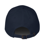 The back view of a dark navy blue baseball cap with an adjustable strap and metal buckle, isolated on a white background.