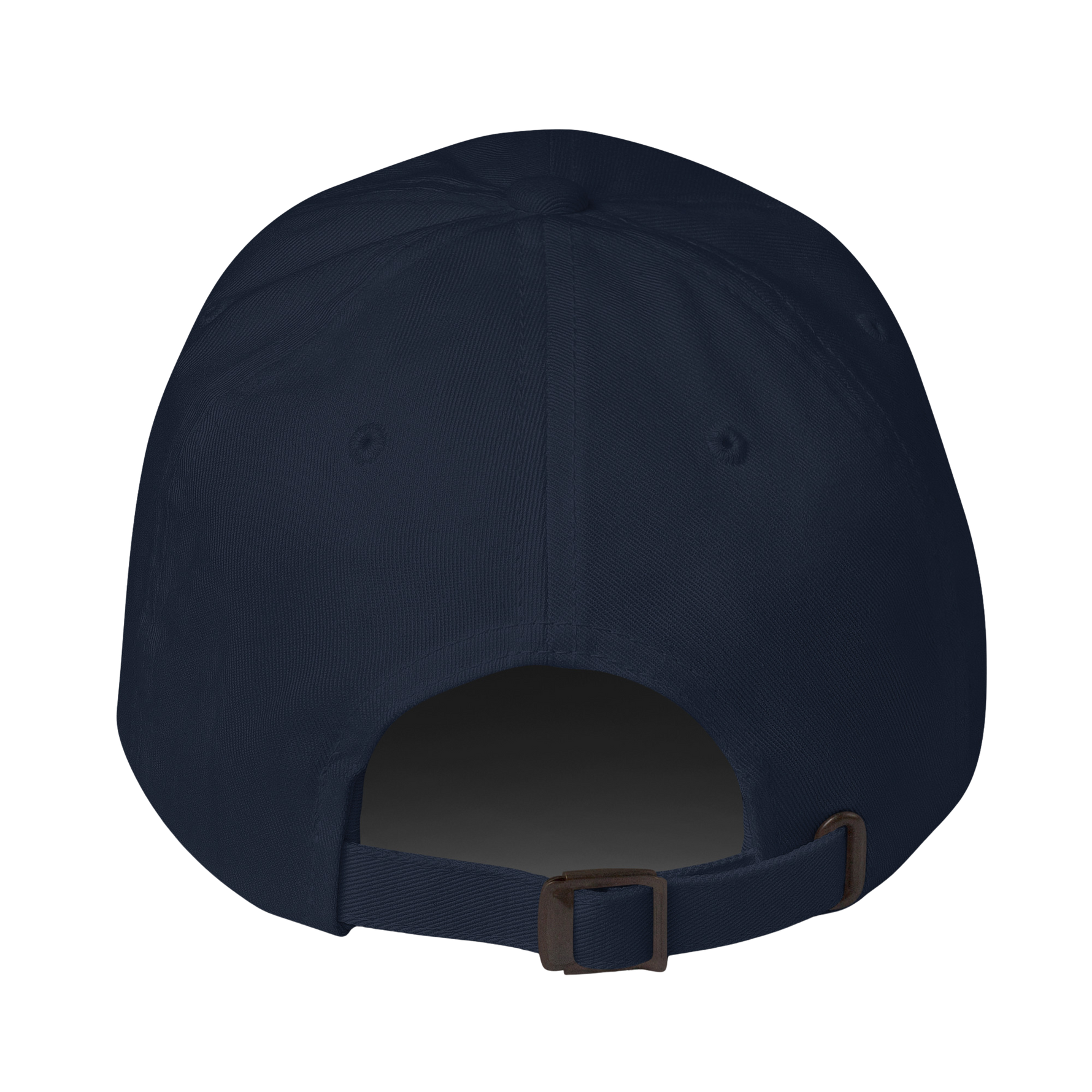 The back view of a dark navy blue baseball cap with an adjustable strap and metal buckle, isolated on a white background.