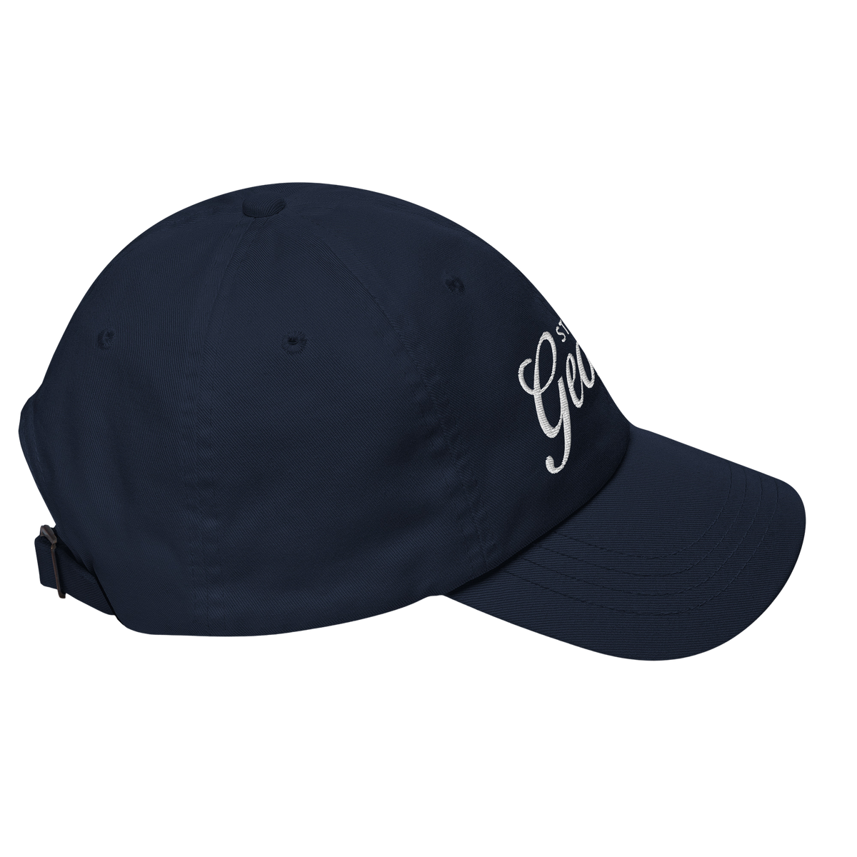 Navy blue cap with white text on a white background