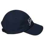 Navy blue cap with white text on a white background
