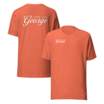 A dusty rose short-sleeve t-shirt shown from both front and back. The front features a small white and blue sunburst graphic on the left chest.