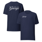 Two navy blue short-sleeve t-shirts shown on a plain white background, displaying the front and back views. The back of the shirt features a large white graphic reading 'STONE CRAB George' in script, while the front features a smaller matching 'STONE CRAB George' graphic on the left chest.