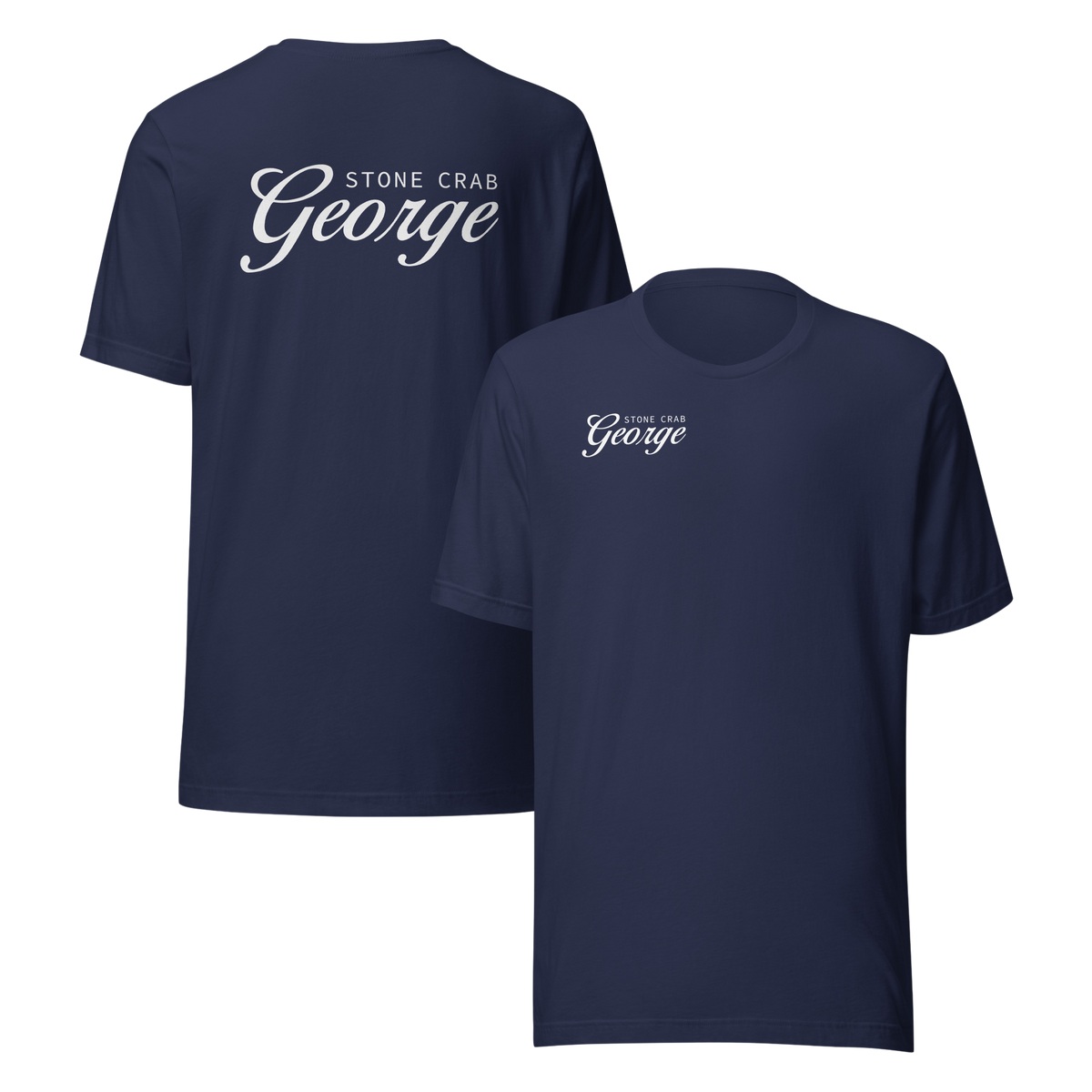 Two navy blue short-sleeve t-shirts shown on a plain white background, displaying the front and back views. The back of the shirt features a large white graphic reading 'STONE CRAB George' in script, while the front features a smaller matching 'STONE CRAB George' graphic on the left chest.